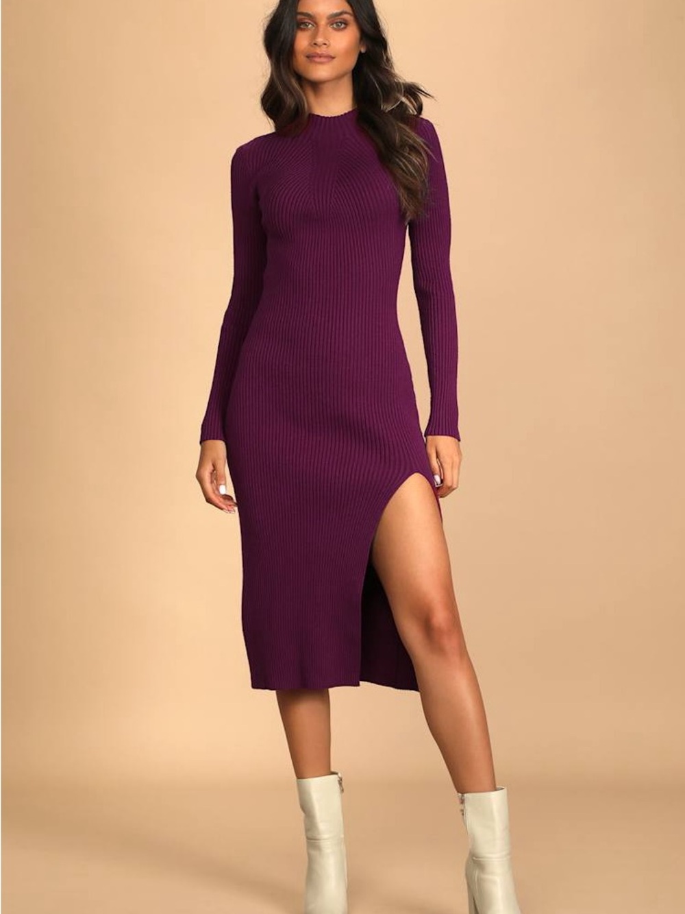 Lulus Wondrous Winter Plum Ribbed Long Sleeve Bodycon Sweater Dress Size L NWT
